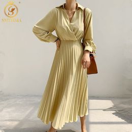 Womens Spring Korea Chic Elegant Fashion Pleated Solid Midi Dress Vintage Long Sleeve Female Vestidos Mujer 210520
