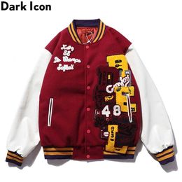 Dark Icon PU Leather Patchwork Bomber Jacket Embroidery Padded Thick Winter Men's s Baseball Man 211126