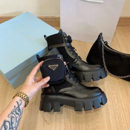 2021 Women Rois Martin Boots Militärs inspirierte Kampfstiefel Nylon -Beutel am Knöchel mit Gurt -Knöchel Stiefel Top -Qualität schwarzer Mattlackleder Schuhe F20