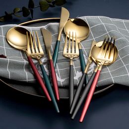 3Pcs Green Gold Steak Cutlery Set Mirror Stainless Steel Flatware Knife Fork Spoon Silverware Tableware Kitchen Dinnerware