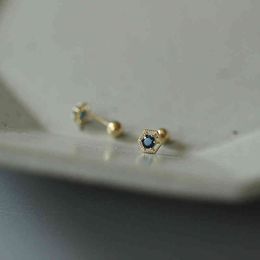 GOLDtutu Ture 9K GOLD Earbone Nail Hexagonal Deep Sapphire Colour Retro French Light Luxury Mini Earrings Screw lug plug