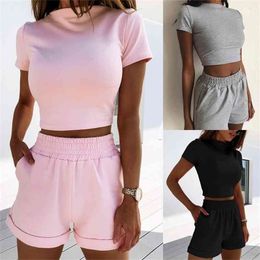 Summer Woman Casual Suit Casual Motion Short Sleeve T-shirt High Waist Open Navel Solid Color Shorts Suit Short Sleeve Pullover 210611