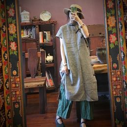 Johnature Women Plaid Dresses Vintage Button Short Sleeve Summer High Quality Linen Women Cloths A-Line Dresses 210521