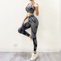 Women's 2 Piece Printing Tracksuit Workout Outfits-Seamless High Waist Leggings and Stretch Sports Bra Yoga Activewear Set