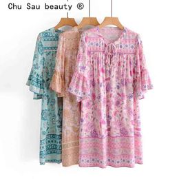 Fashion Summer Boho Style Chic Floral Print Midi Dress Women Holiday V-neck Loose Short Sleeve Dresses Female Vestidos 210508