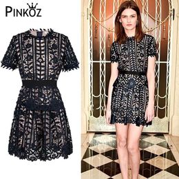 vintage elegant lace hollow out high waist mini dress flower embroidery runway designer slim dresses party dinner robe 210421