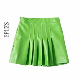 Sexy green Pleated mini Skirts womens high waist PU skirt streetwear korean leather fur fashion ladies jupe femme 210521