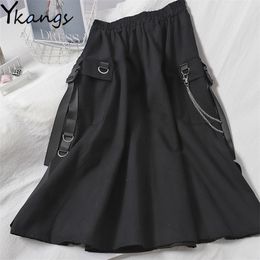 Harajuku High Waist Loose A-line Cargo Skirt Women Pocket Solid Midi Long Black Fashion Korean Hip Hop Chain Streetwear 210421