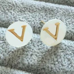 White Shell Top Quality Stainless Steel Luxurious Studs Gold Plated V Letter Women Designer Earrings Cute Trendy Jewellery
