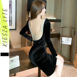 Luxury Audrey Hepburn Black Dress Beaded Velvet Slim Dresses Office Lady Paty Club Vestidos Fashion Women Clothes 210608