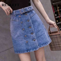 Spring Summer Women Denim Wrap Skirts with Belted Double Breasted Blue High Waist Chic A-Line Female 210428