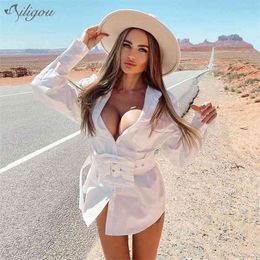 Women'S Lapel Buckle Belt Blouse Long-Sleeved Loose-Fit Shirt Fashion Casual T-Shirt Summer 210527