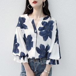 Women's Blouses & Shirts Blouse Stand Collar Floral Pattern Ladies Fashion Short Sleeve Simple Shirt V-neck Loose Lantern Printed Chiffon