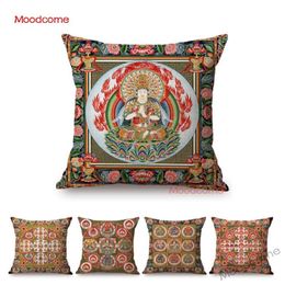 Cushion/Decorative Pillow Buddhism Cultural Workship Art Tangka Buddha Sofa Throw Case God Prayer Home Decor Buddist Cotton Linen Cushion Co