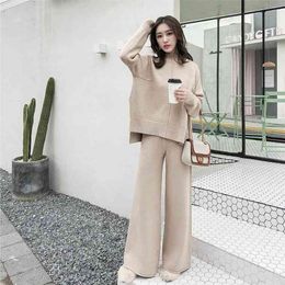 The drape knitting wide-legged pants suit two-piece women winter cashmere sweater wide-legged pants western style suits 210805