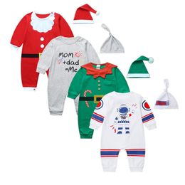 Toddler Boys Girls Rompers Kids Baby year Costume Santa Claus Red Jumpsuits + Hats 2pcs Cotton Outfits For born 0-24M 211229