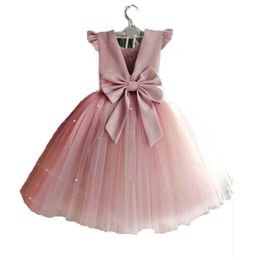 Peach Pink Flower Girls Dresses For Wedding Beading Backless Girl Birthday Party Evening Dress Tulle Princess Ball Gown 211027