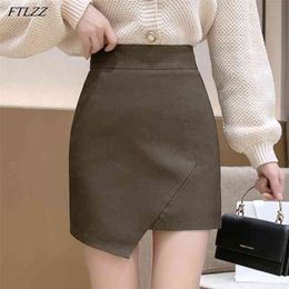 Spring Women High Waist Pu Leather Black Mini Skirt Streetwear Female Asymmetrical Slim A-line Faux Skirts 210430