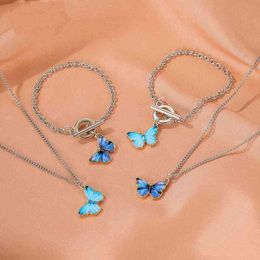 Blue Purple Butterfly Necklace for Women Trendy Simple Pendant Dangle Clavicle Chain Metal Necklaces Bracelets Jewellery Gifts G1206