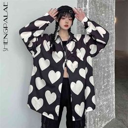 Personality Love Pattern Blouse Women's Spring Lapel Large Size Single Breasted Long Sleeve Shirt Tide 5B639 210427