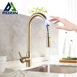 Rozin Smart Touch Kitchen Faucet Brushed Gold Poll Out Sensor Faucets Black/Nickel 360 Rotation Crane 2 Outlet Water Mixer Taps 211108