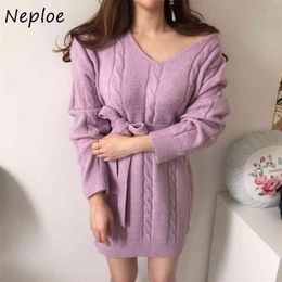 Neploe V-neck Chic Twist Patchwork Dresses Women Drawstring Slim Waist Knit Dress Autumn Winter Fashion A-line Robe 94488 210422