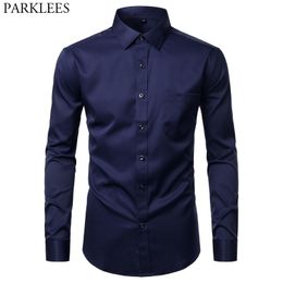 Men's Bamboo Fibre Dress Shirts Solid Casual Slim Fit Button Down Shirt Men Elastic Offcie Wedding Work Shirt Male Chemise Homme 210522