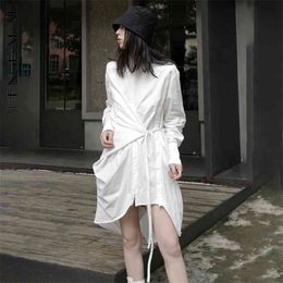 Asymmetry Shirt Dress Women's Summer Laple Loose Single Breasted Bandage Long Sleeve Mini Dresses Female 210427