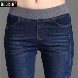 Cashmere Winter Warm Jean With High Waist Blue For Girls Stretching Skinny jeans elastic waist Large Size 26-34 210629