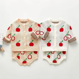 Spring Autumn Infant Baby Girls Knit Long Sleeve Apple Coat + Braces Rompers Clothing Sets Kids Girl Suit Clothes 210429