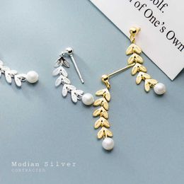925 Sterling Silver Long Tree Branch Leaves Elegant Pearl Drop Dangle Earring for Women OL Style Fine Jewellery 210707