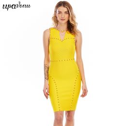 Free Women's Yellow Rivet Bandage Dress Sexy O-neck Hollow Sleeveless Bodycon Club Night Party Vestidos 210524