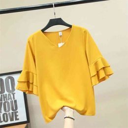 Fashion Brand Women's blouse Summer Butterfly Sleeve Chiffon Shirt V-Neck Casual blouse Plus Size 4XL Loose Female Tops 210323