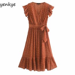 Elegant Summer Women Vintage Polka Dot Female V Neck Butterfly Sleeve Casual Pleated Chiffon Dress Plus Size 210514