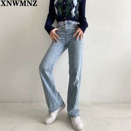 women stripe Jeans Trousers 90s Vintage Woman High Waist Denim Wide Leg Pants Korean Fashion Blue Mom Femme 210520