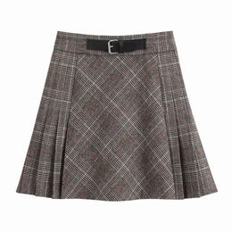 Vintage Woman Grey Pladis Patchwork Pleated Mini Skirts Spring Fashion Ladies Soft A-Line Skirt Female Elegant 210515