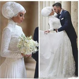 Modest Muslim Wedding Dress Turkish Gelinlik Lace Applique floor length Islamic High Neck Bridal Dresses Hijab Long Sleeve Paty Gowns