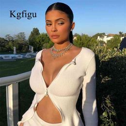 KGFIGU kylie jenner Top a costine Giacche Autunno manica lunga con cerniera cappotti sexy streetwear Donna kimono in maglia bianca casaco feminino SH190912