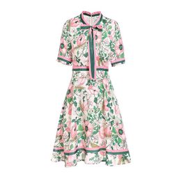 PERHAPS U Pink Flower Print Mini Short Dress Summer Lace-up Bow Collar Zipper Short Sleeve D1637 210529