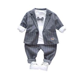 New Spring Autumn Children Fashion Clothes Baby Boys Girls Striped Tie Suit T Shirt Pants 3Pcs/sets Kids Infant Casual Clothing G220310