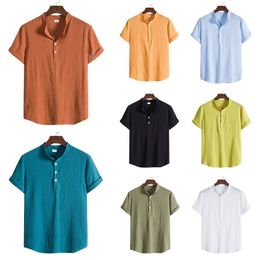 Solid Shirt Mens Summer Short Sleeve Casual Men Shirts Linen Breathable Stand Collar Camisas Oversize Chemise Homme 9+Colors 210524