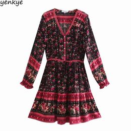 Holiday Summer Women Floral Print Boho Long Sleeve V Neck Drawstring Waist A-line Mini Casual Dress Vestido 210514