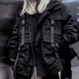 Neploe Korean Streetwear Harajuku Black Denim Jacket Oversized Pockets Women Jeans Jackets Loose BF Vintage Casual Coats 39106 210928