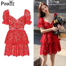 Puff Sleeve High Waist Slim Backless Dress Women Spring Self Portrait Red White Color Lace Mini Female 210421