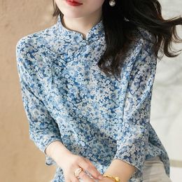 Chinese Style Women Spring Summer Chiffon Blouses Shirts Lady Casual Stand Collar Printed Chinese knot Collar Blusas Tops DD8952 210317