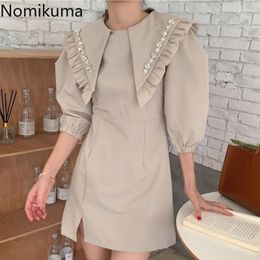 Nomikuma Dresses Women Ruffle Peter Pan Collar Puff Short Sleeve Dress Summer Slim Waist Split Vestido De Mujer 6G879 210427