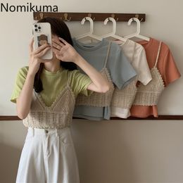 Nomikuma Korean Style T Shirt Women Two Piece Solid Color O Neck Short Sleeve Tshirts Female Casual Fashion Loose Tees Camisetas 210514