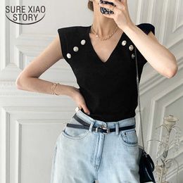Summer Button Tops for Women Camis Ladies Sexy Tops V-Neck Sleeveless Solid Chic Style of South Korea 14704 210527