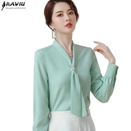 Light Green Long Sleeve Shirt Women Autumn Loose Casual Bow Ribbon OL High Quality Fashion Blouses Office Ladies Work Top 210604