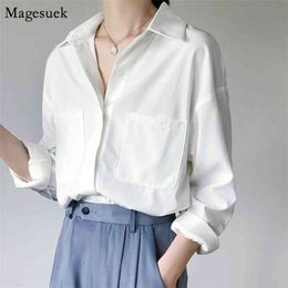 Spring Autumn OL Style White Blouse Women Turn-down Collar Pockets Button Long Sleeve Shirt Tops Loose Ladies Blusas 6068 210512